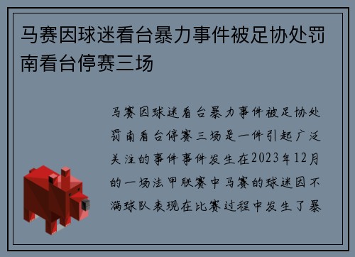 马赛因球迷看台暴力事件被足协处罚南看台停赛三场